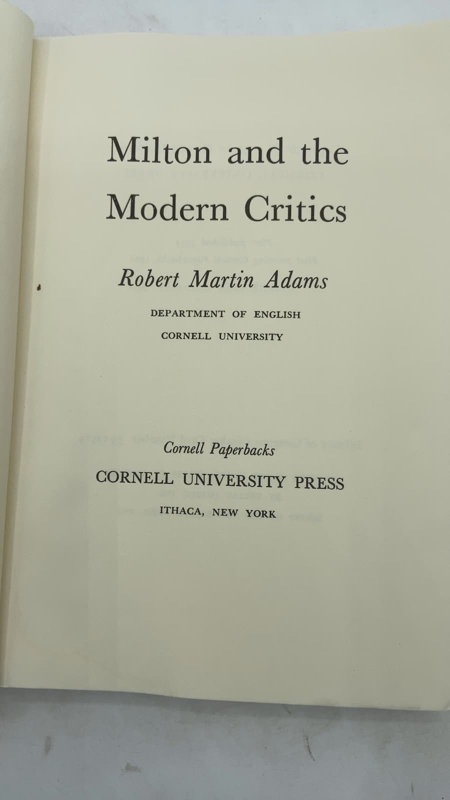 Milton and the Modern Critics by Robert Martin Adams - title page
