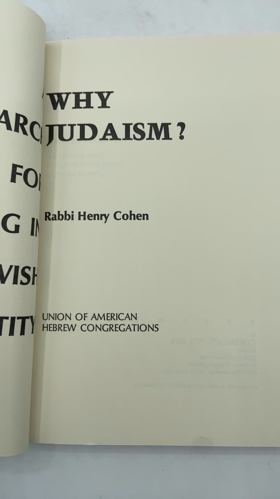 Why Judaism? A Search for Meaning in Jewish Identity by Rabbi Henry Cohen - title page