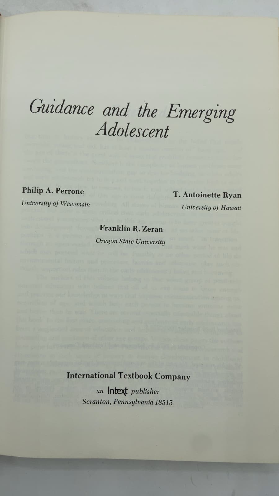 Guidance and the Emerging Adolescent by Philip A. Perrone, T. Antoinette Ryan, Franklin R. Zeran - title page