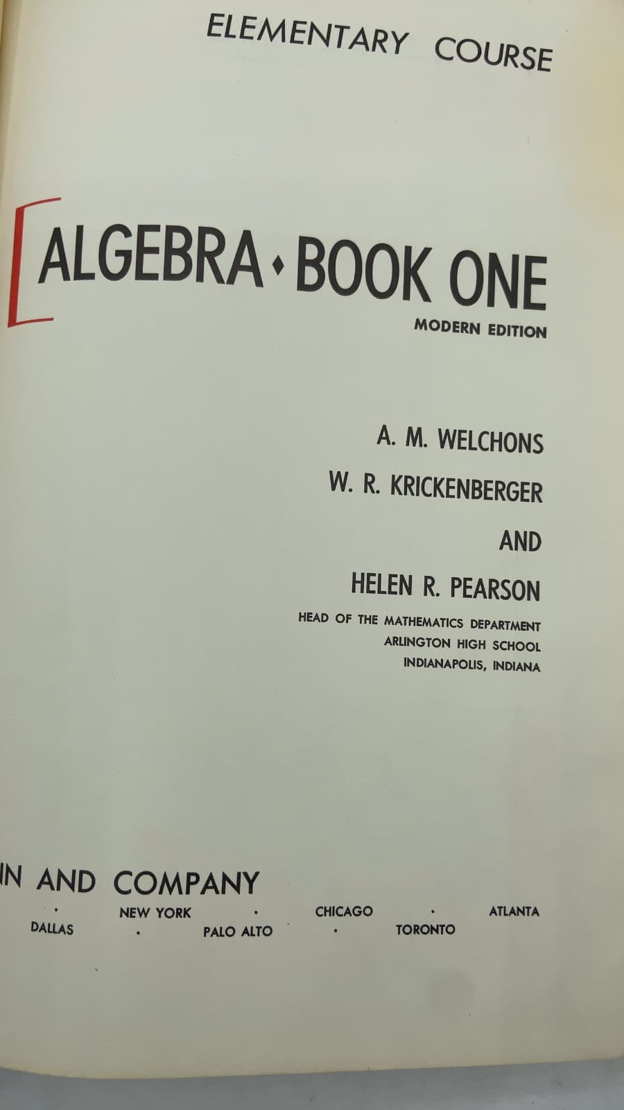 Algebra Book One: Modern Edition by A. M. Welchons, W. R. Krickenberger, and Helen R. Pearson - title page