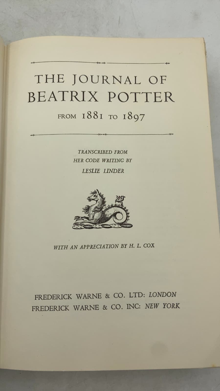 The Journal of Beatrix Potter from 1881 to 1897 by Transcribed by Leslie Linder - title page