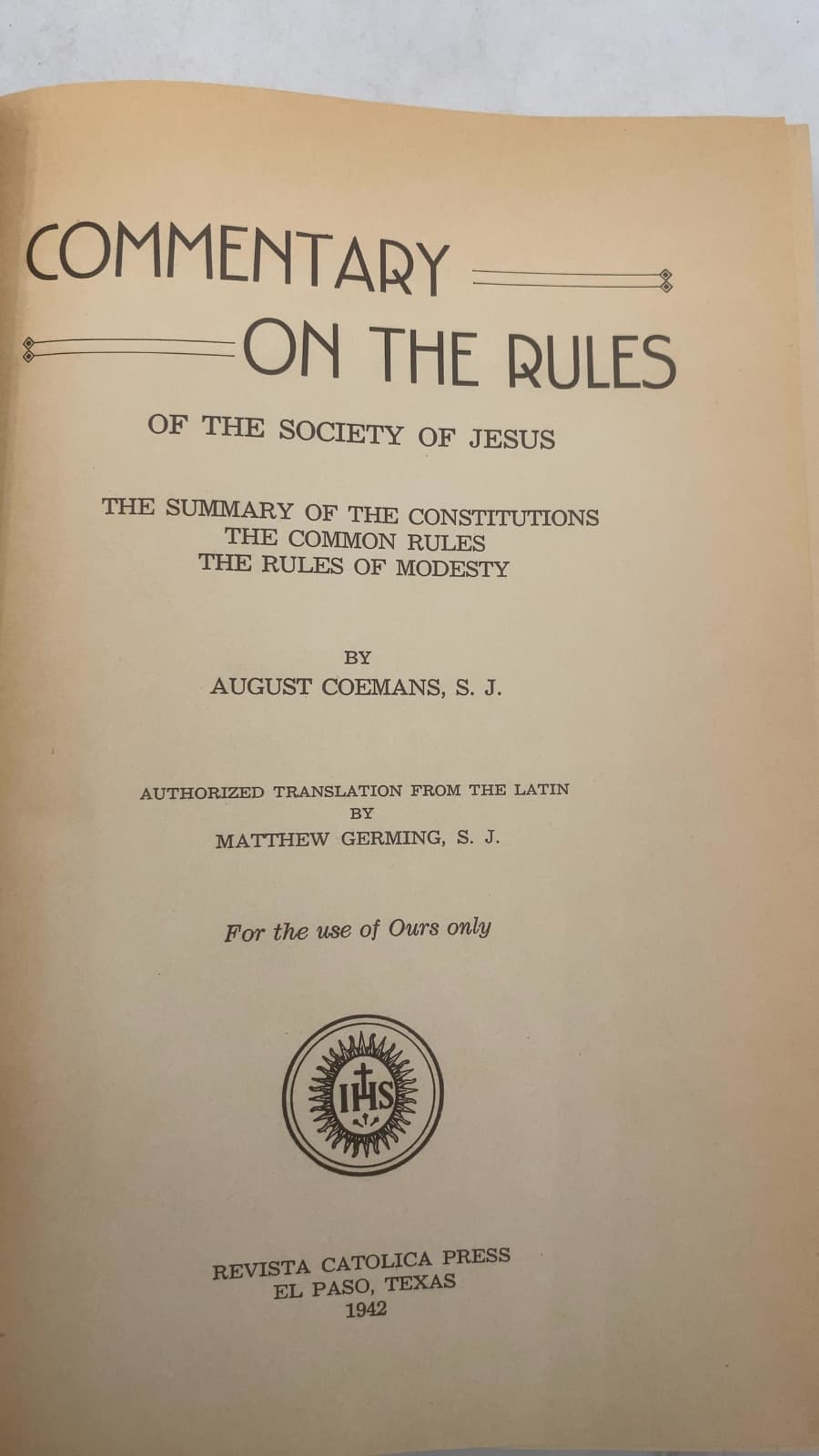 Commentary on the Rules of the Society of Jesus by August Coemans, S. J. - title page