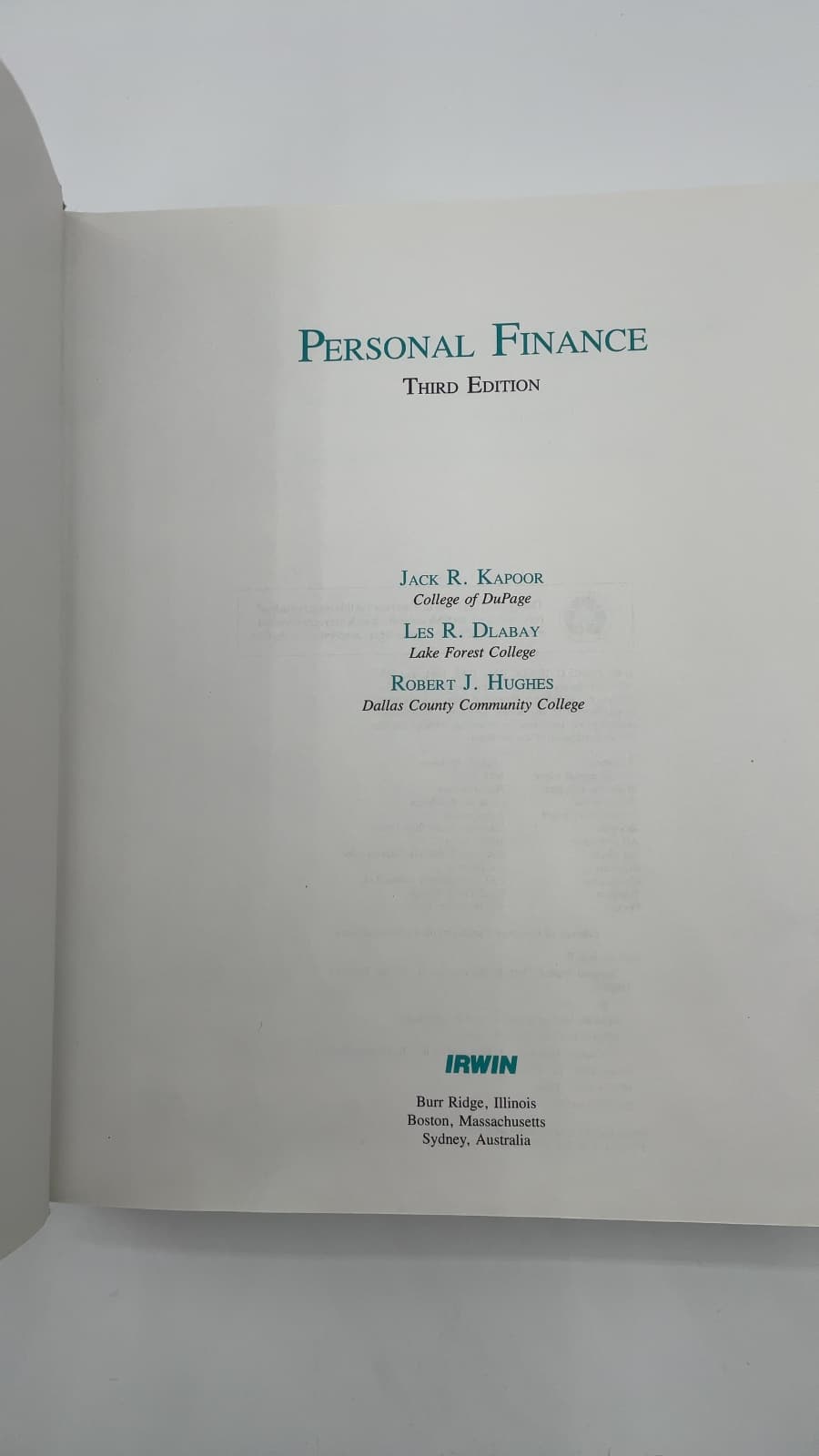 Personal Finance, Third Edition by Jack R. Kapoor, Les R. Dlabay, Robert J. Hughes - title page