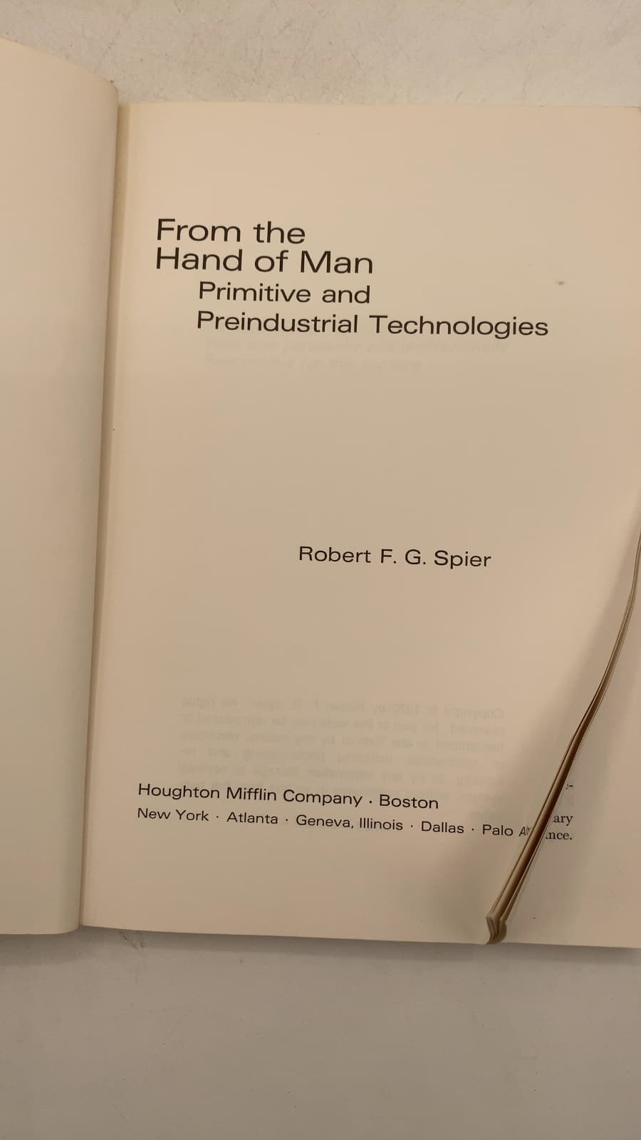 From the Hand of Man: Primitive and Preindustrial Technologies by Robert F. G. Spier - title page