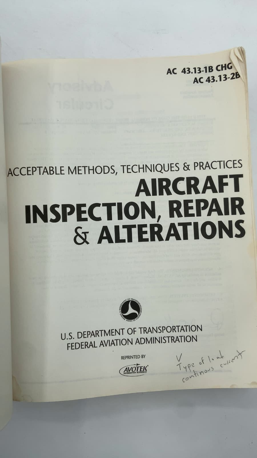 Aircraft Inspection, Repair & Alterations: Acceptable Methods, Techniques & Practices by U.S. Department of Transportation, Federal Aviation Administration - title page