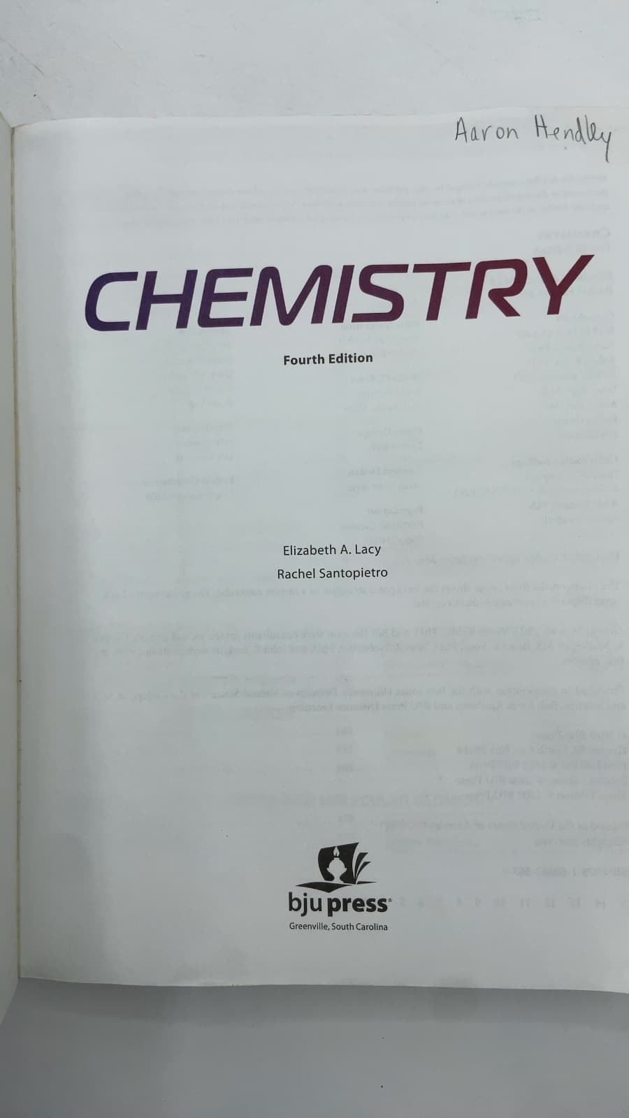 Chemistry, Fourth Edition by Elizabeth A. Lacy, Rachel Santopietro - title page