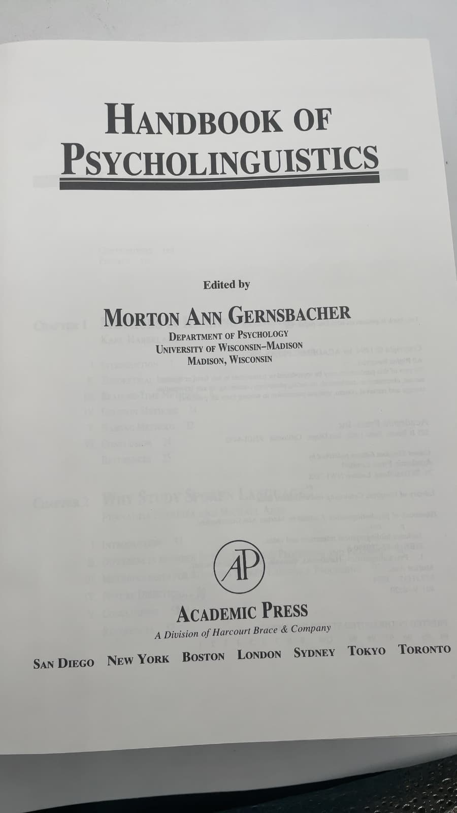 Handbook of Psycholinguistics by Morton Ann Gernsbacher - title page