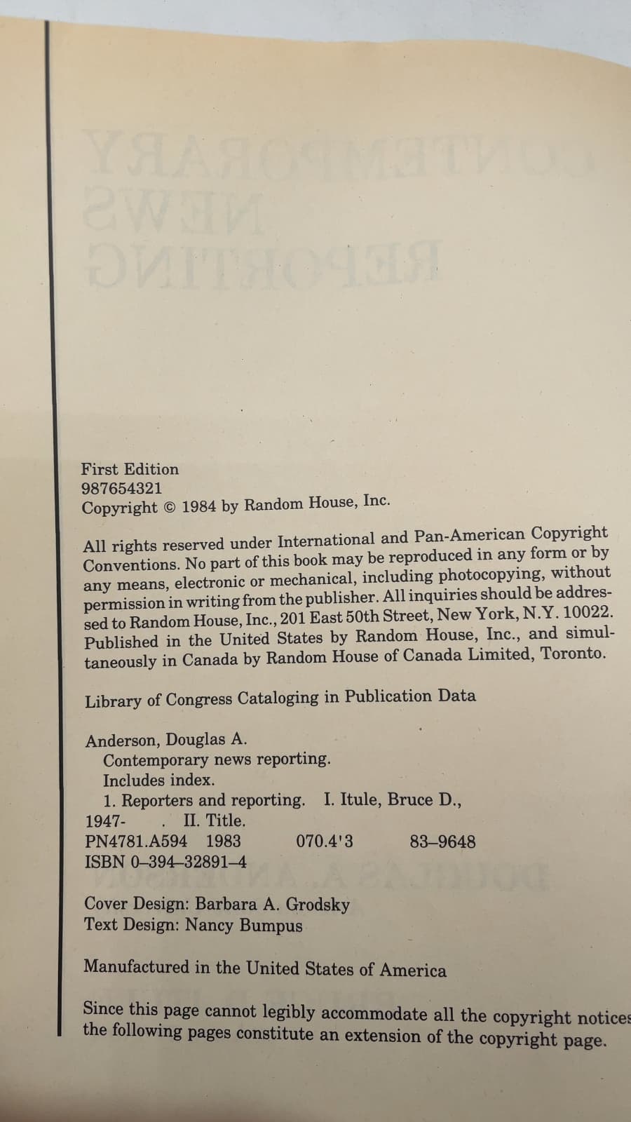 Contemporary News Reporting by Douglas A. Anderson, Bruce D. Itule - additional view