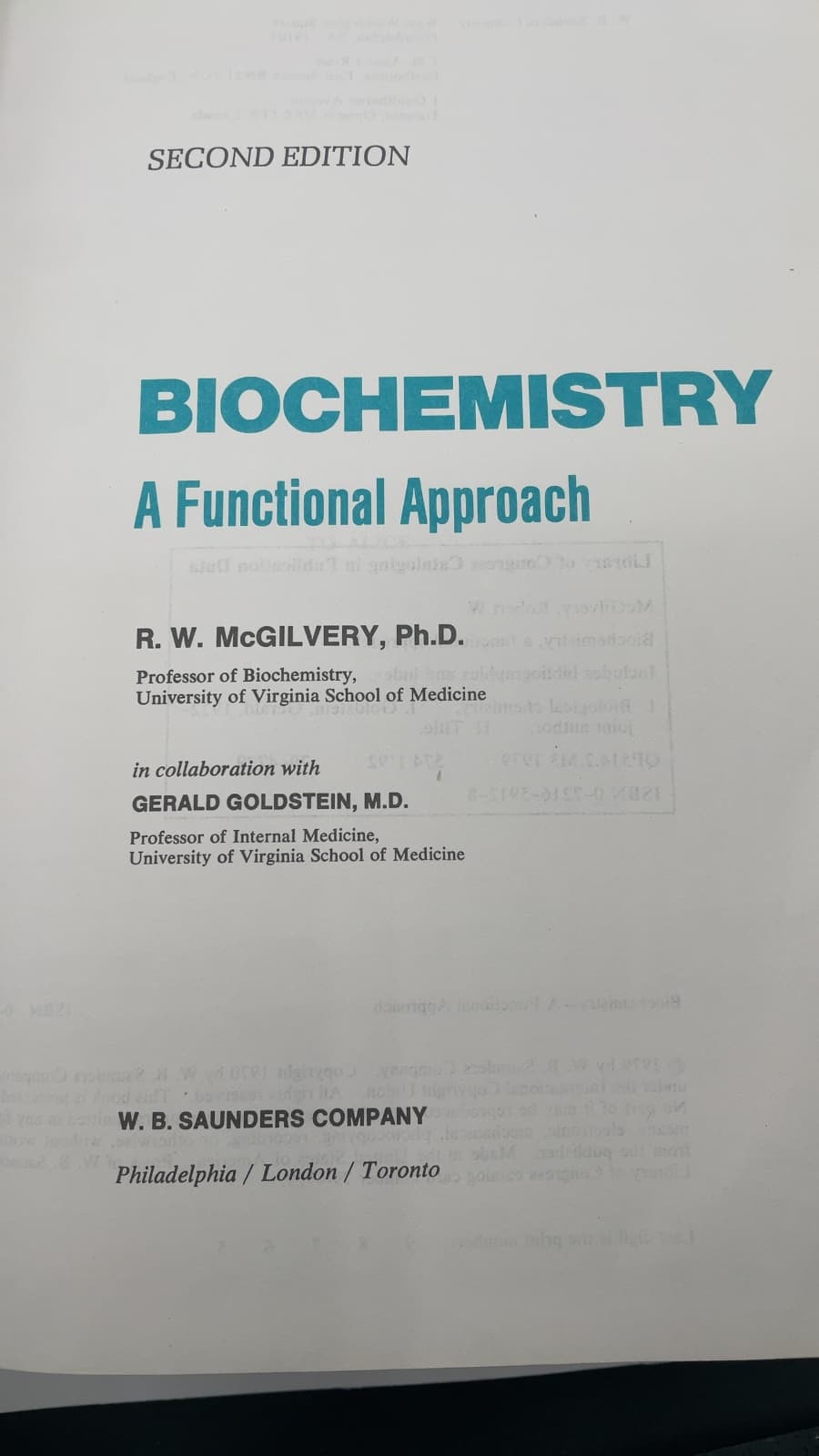Biochemistry: A Functional Approach by R. W. McGilvery, Ph.D., in collaboration with Gerald Goldstein, M.D. - title page