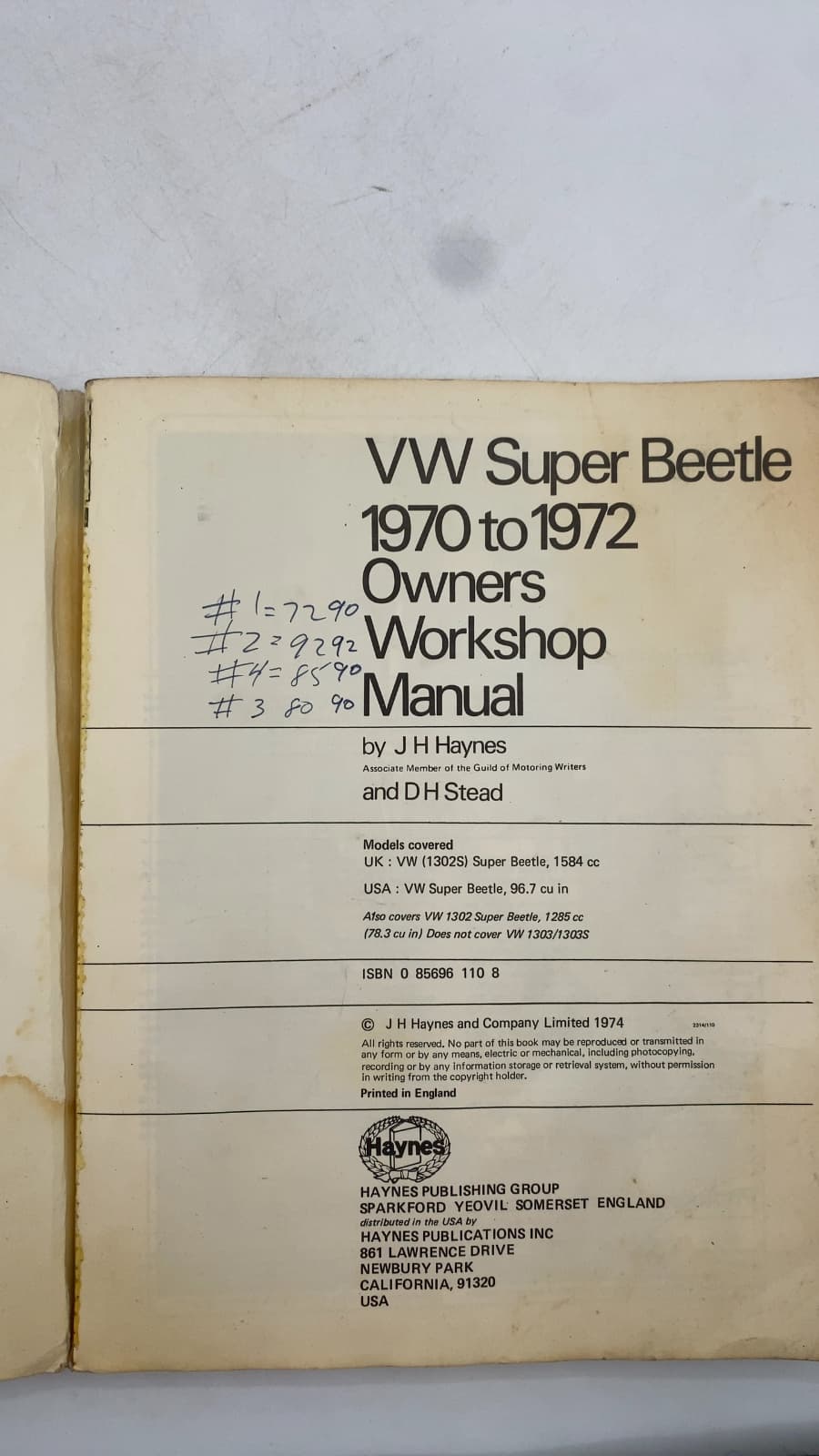 VW Super Beetle 1970 to 1972 Owners Workshop Manual by J H Haynes and D H Stead - title page