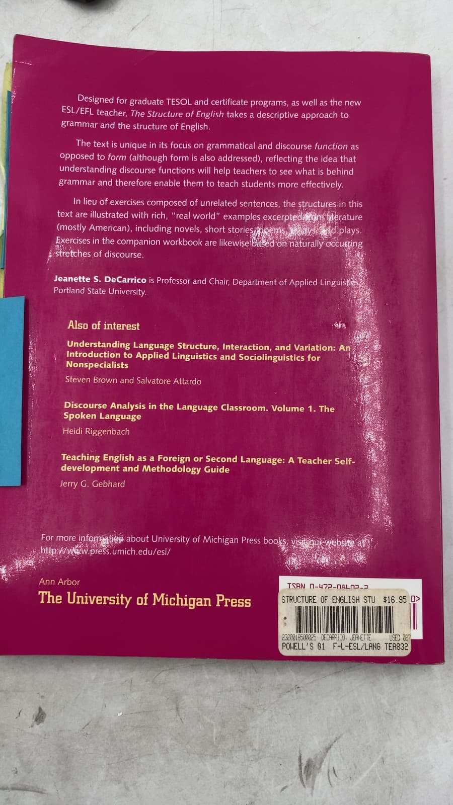 The Structure of English: Studies in Form and Function for Language Teaching by Jeanette S. DeCarrico - additional view