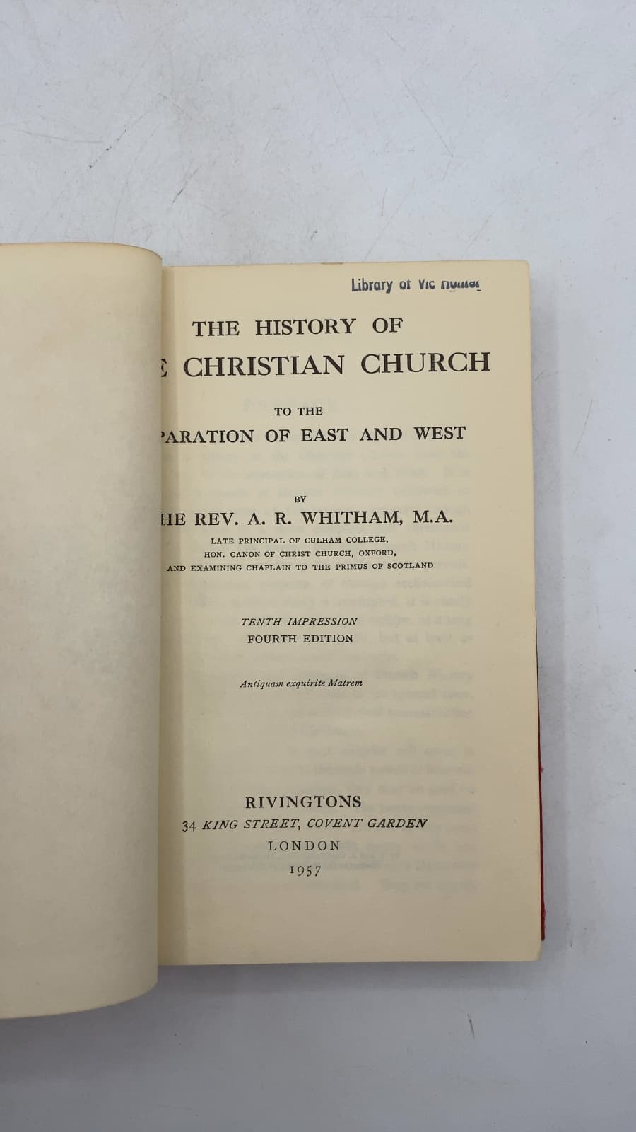 The History of the Christian Church to the Separation of East and West by The Rev. A. R. Whitham, M.A. - title page