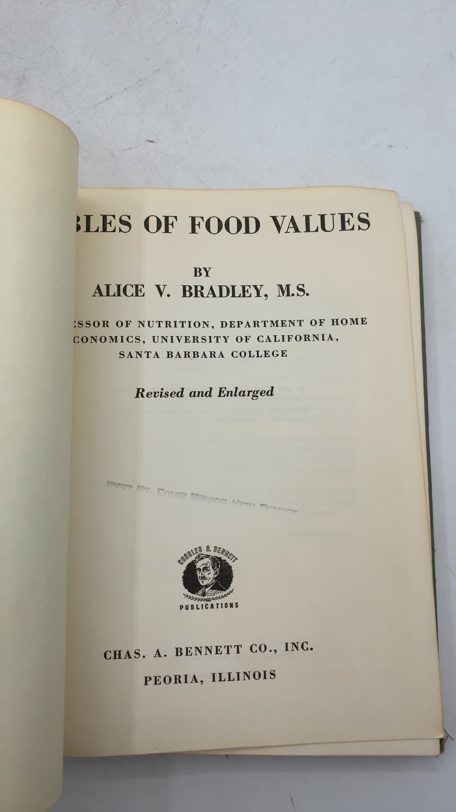Tables of Food Values by Alice V. Bradley, M.S. - title page