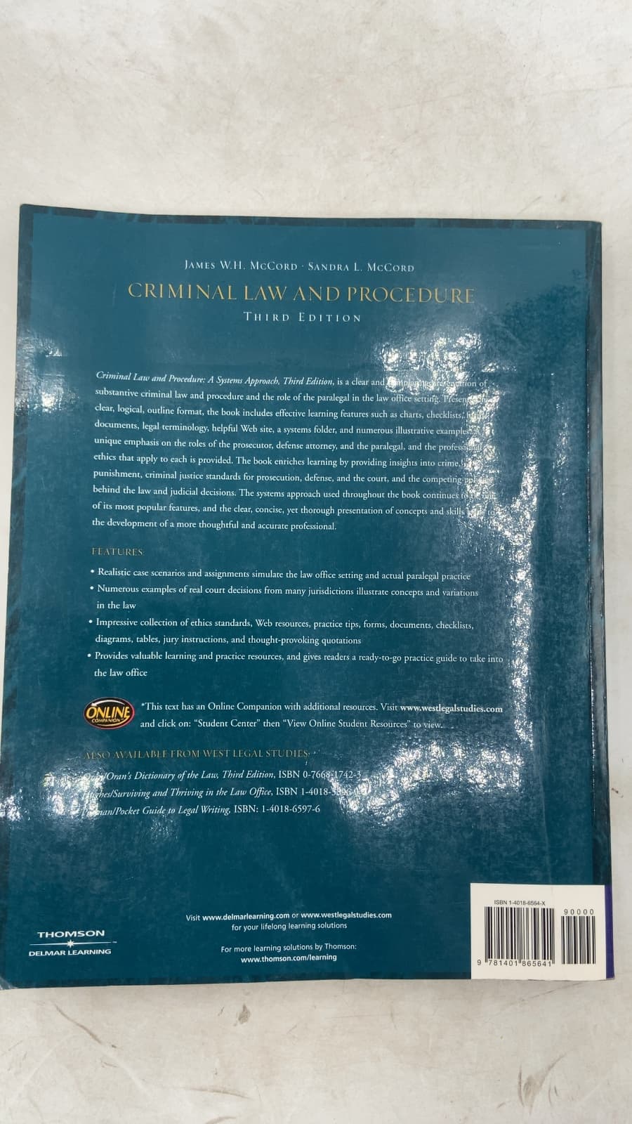 Criminal Law and Procedure for the Paralegal: A Systems Approach, Third Edition by James W. H. McCord, J.D. and Sandra L. McCord, M.A. - additional view