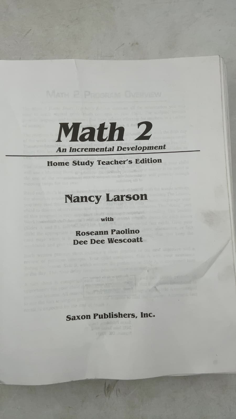 Math 2: An Incremental Development, Home Study Teacher's Edition by Nancy Larson with Roseann Paolino, Dee Dee Wescoatt - title page