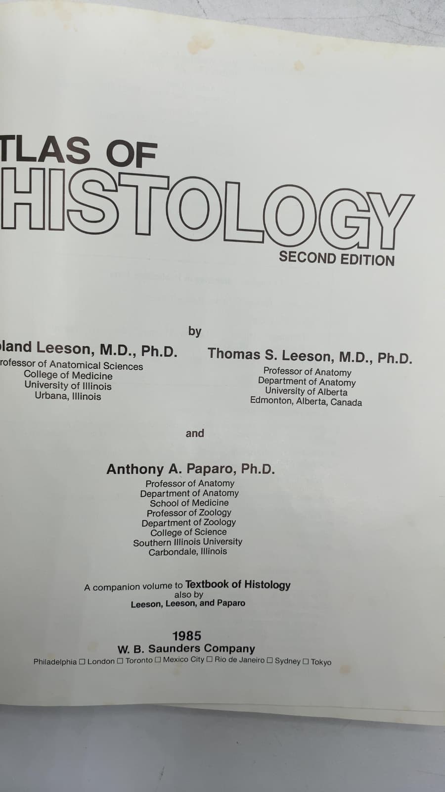 Atlas of Histology by C. Roland Leeson, Thomas S. Leeson, Anthony A. Paparo - title page