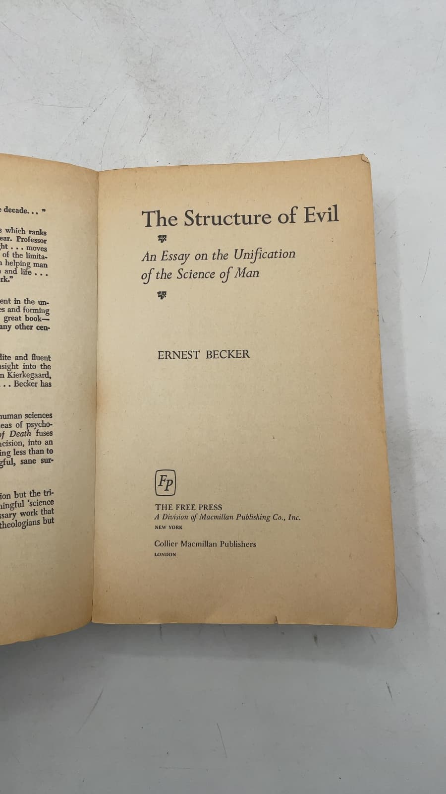 The Structure of Evil: An Essay on the Unification of the Science of Man by Ernest Becker - title page