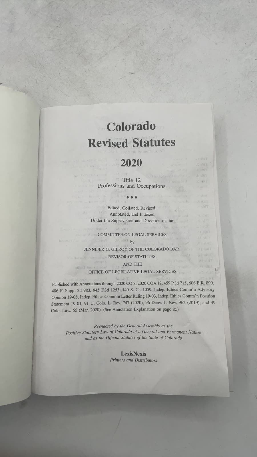 Colorado Revised Statutes 2020: Title 12 Professions and Occupations by Committee on Legal Services - title page