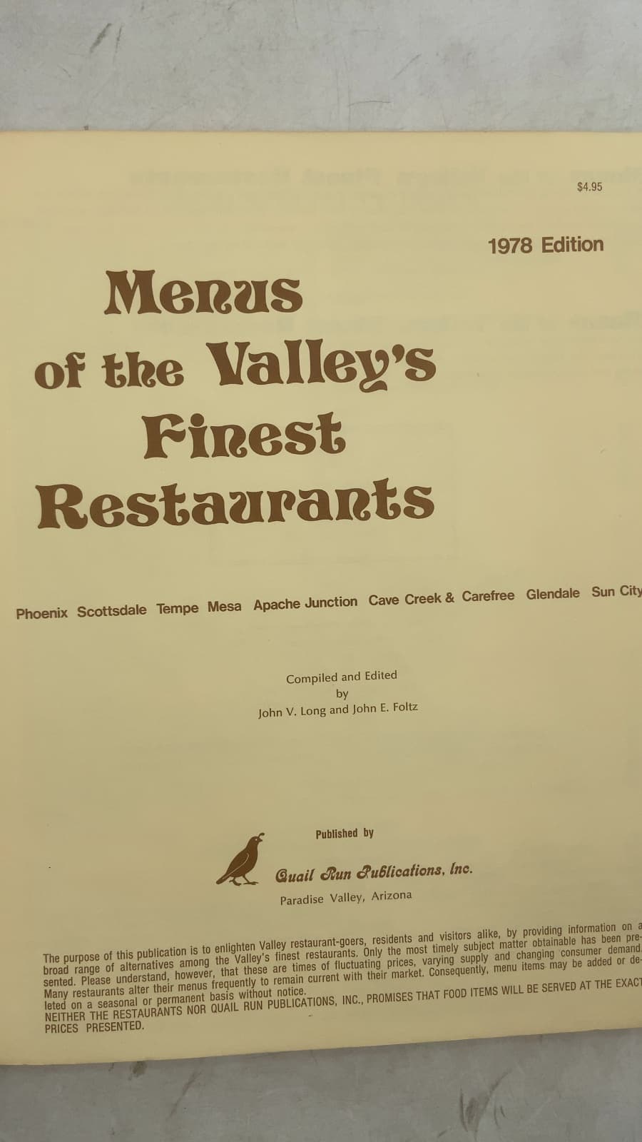 Menus of the Valley's Finest Restaurants by John V. Long and John E. Foltz - title page