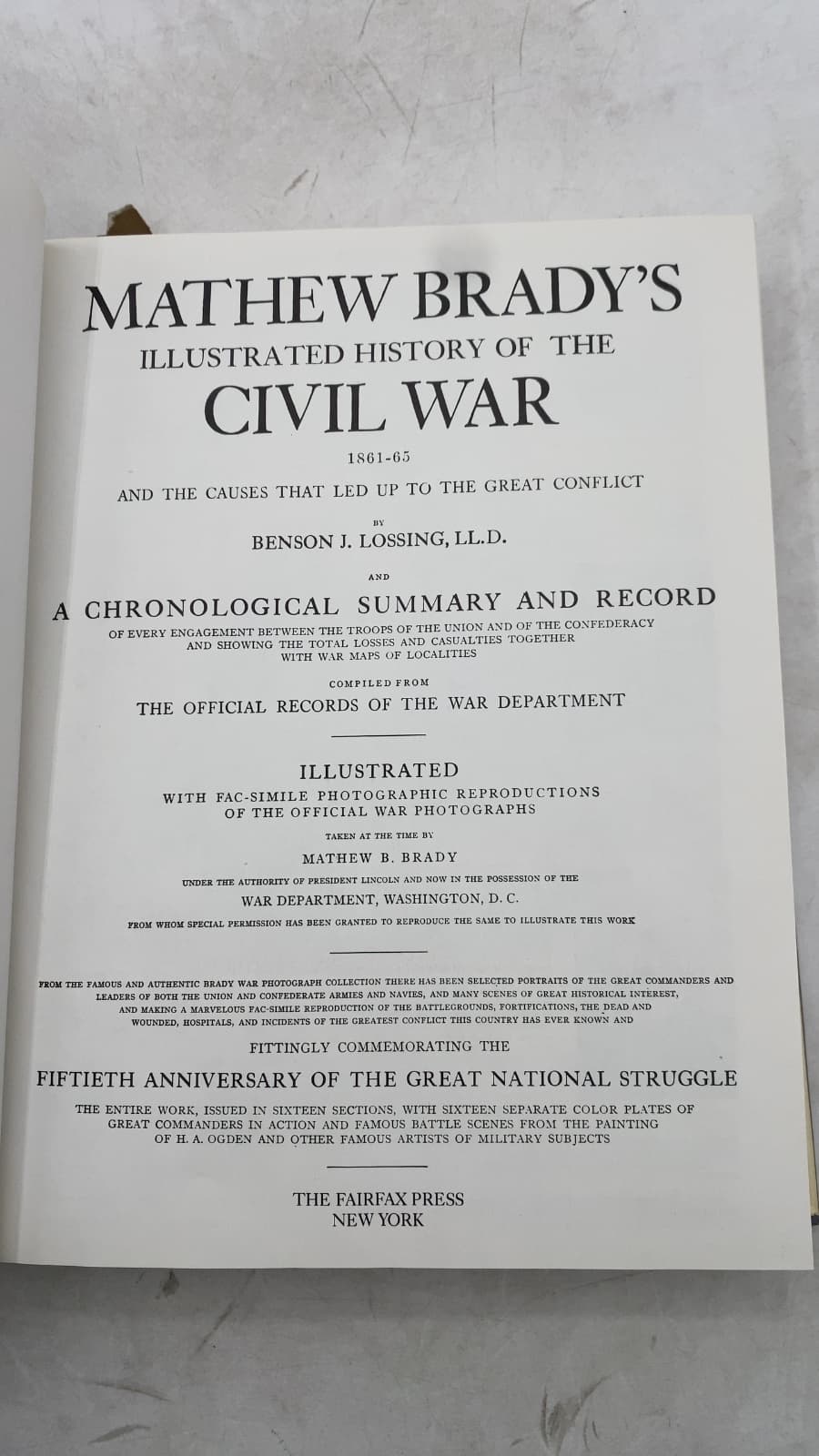 Mathew Brady's Illustrated History of the Civil War 1861-65 by Benson J. Lossing, Ll.d. - title page