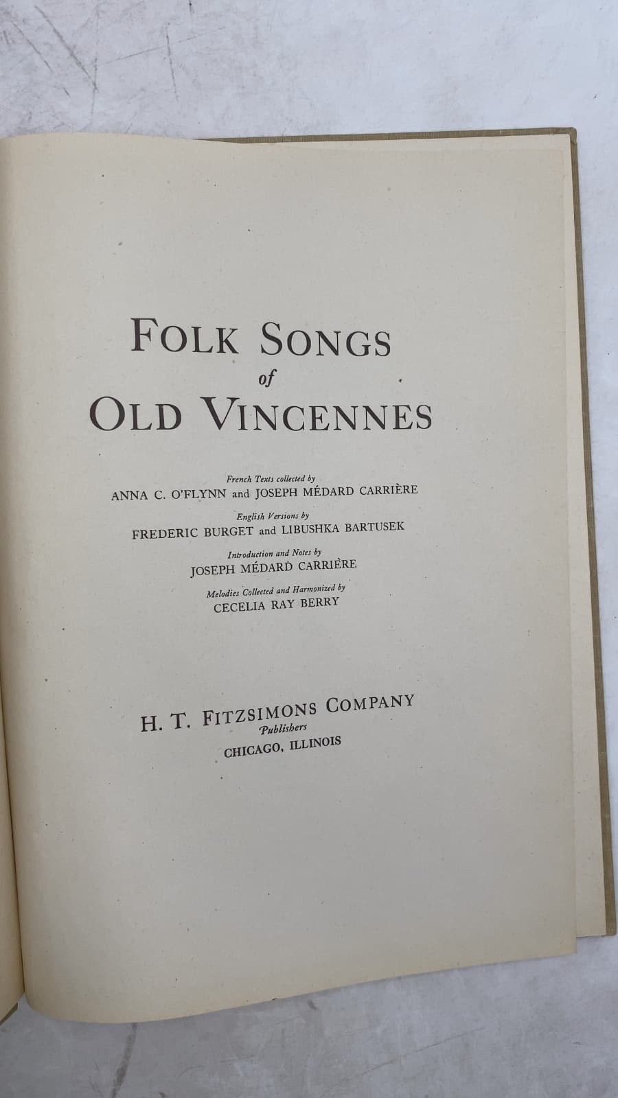 Folk Songs of Old Vincennes by Anna C. O'Flynn and Joseph Médard Carrière - title page