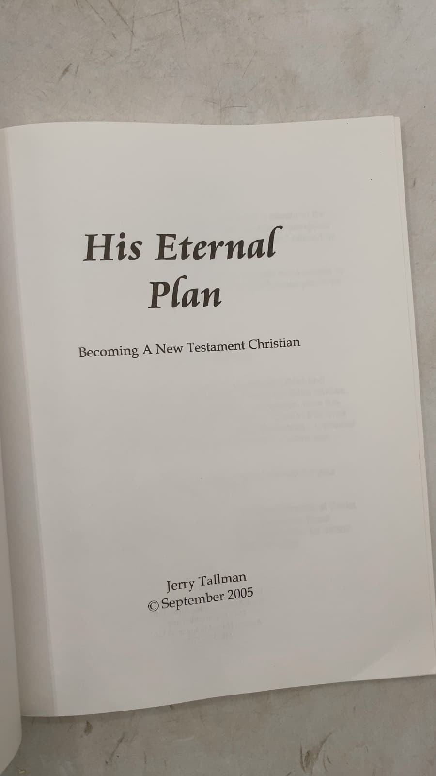 His Eternal Plan: Becoming A New Testament Christian by Jerry Tallman - title page