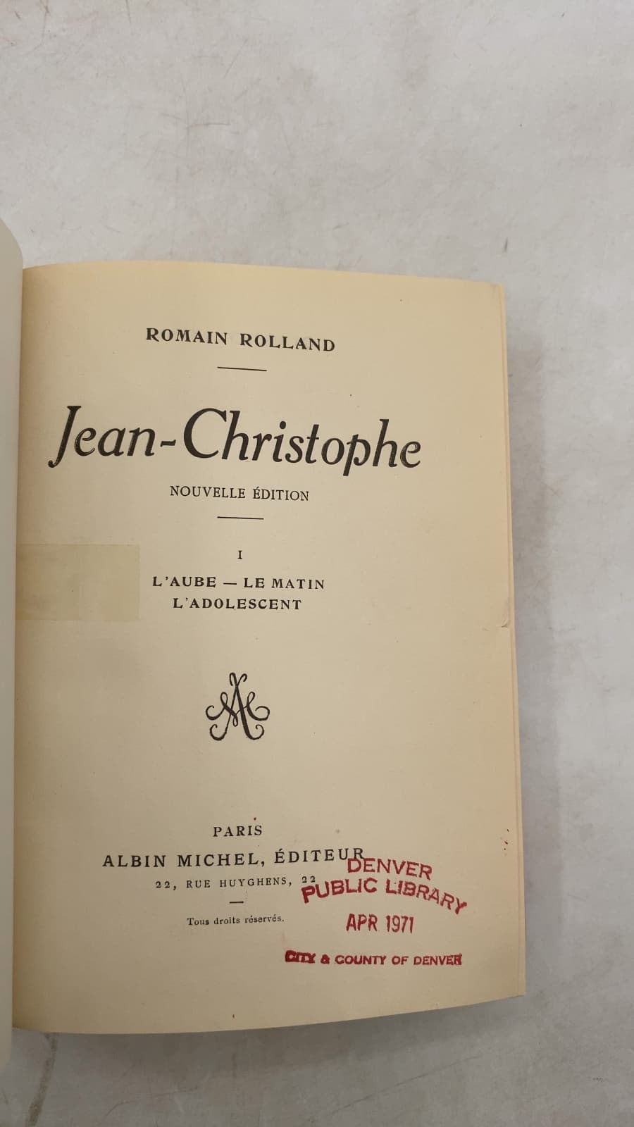 Jean-Christophe: Nouvelle Édition I L'Aube - Le Matin - L'Adolescent by Romain Rolland - title page