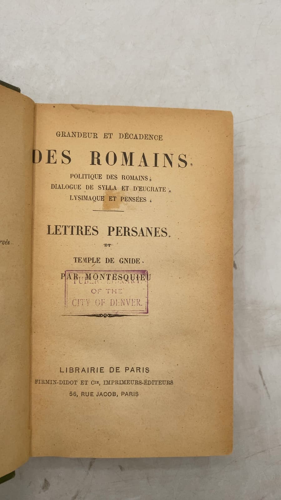 Grandeur et Décadence des Romains; Lettres Persanes; Temple de Gnide by Montesquieu - title page