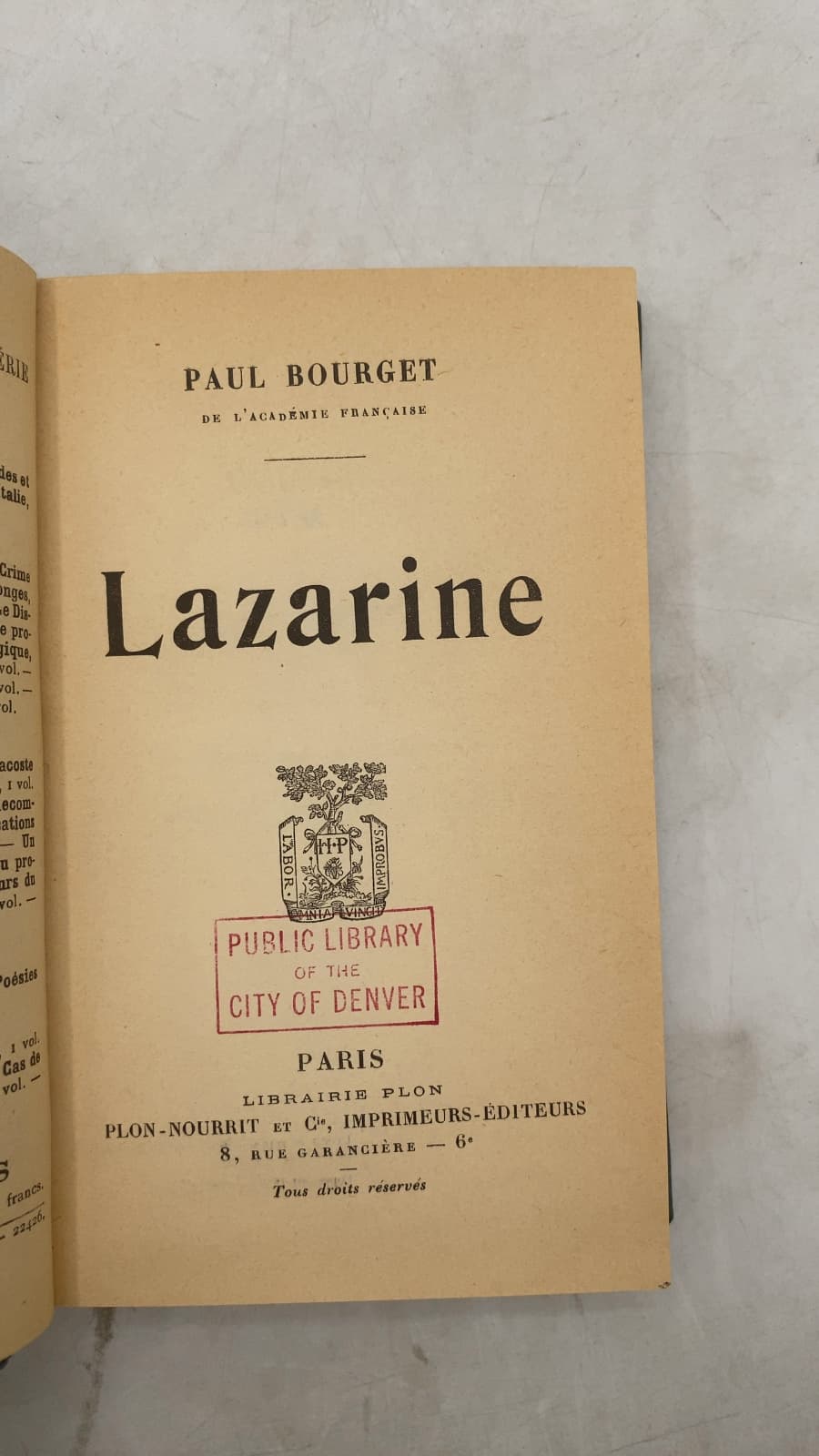 Lazarine by Paul Bourget - title page