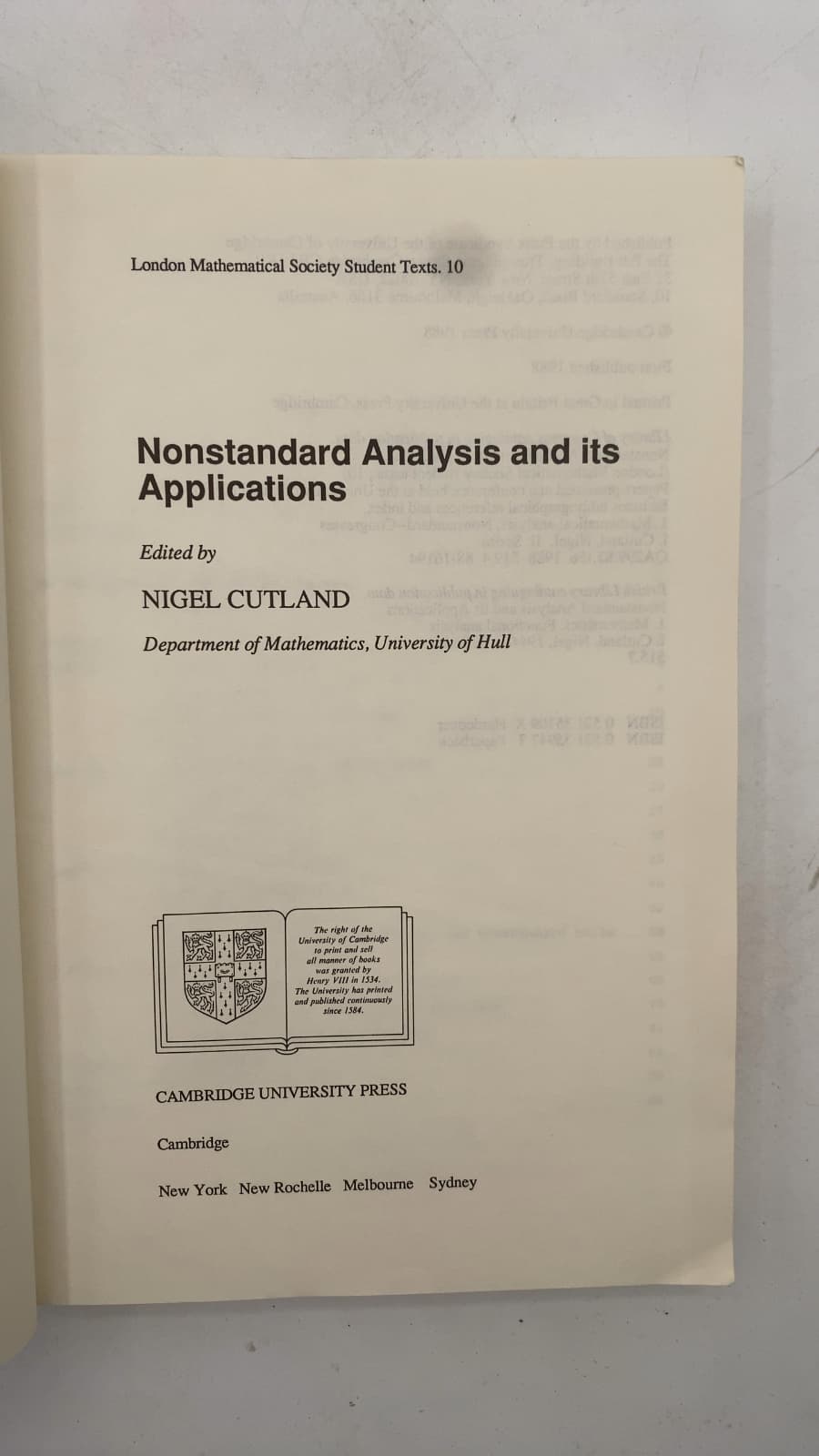Nonstandard Analysis and its Applications by Edited by Nigel Cutland - title page