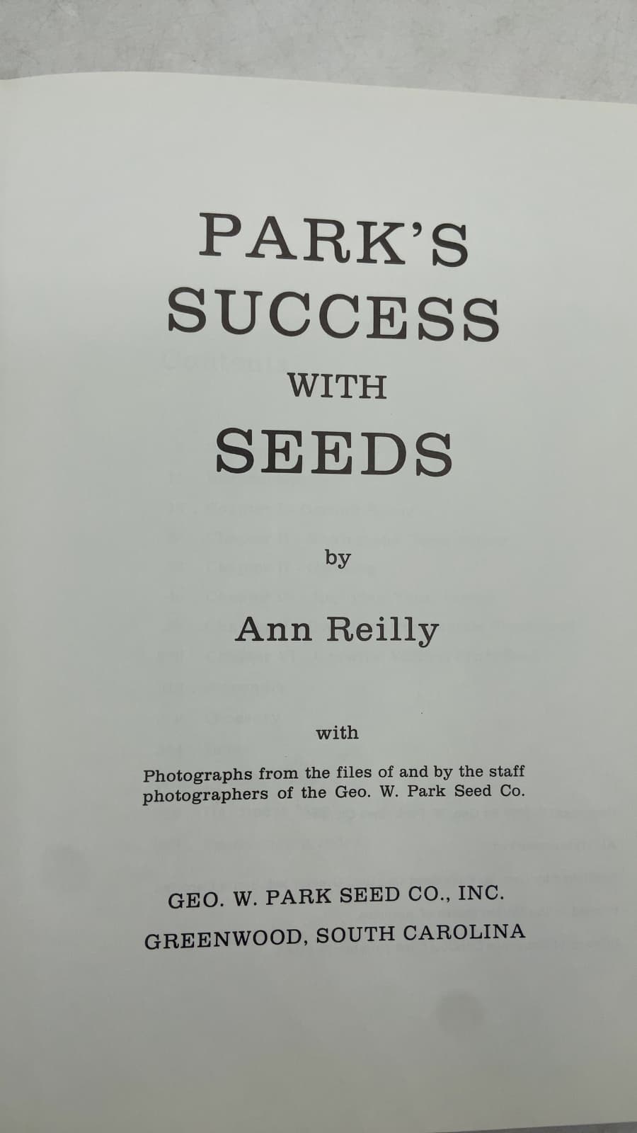 Park's Success With Seeds by Ann Reilly - title page