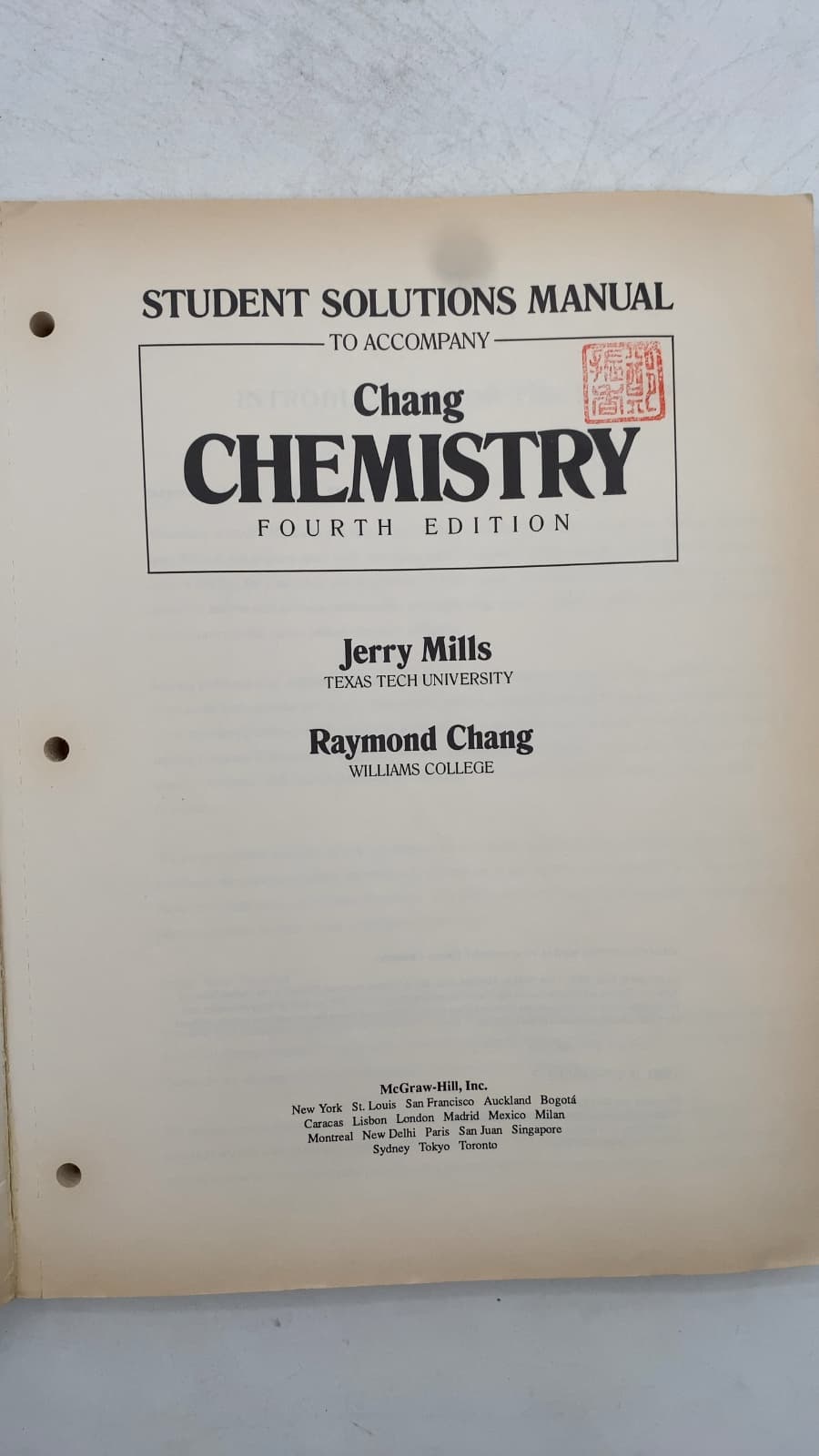Student Solutions Manual to Accompany Chang Chemistry Fourth Edition by Jerry Mills and Raymond Chang - title page