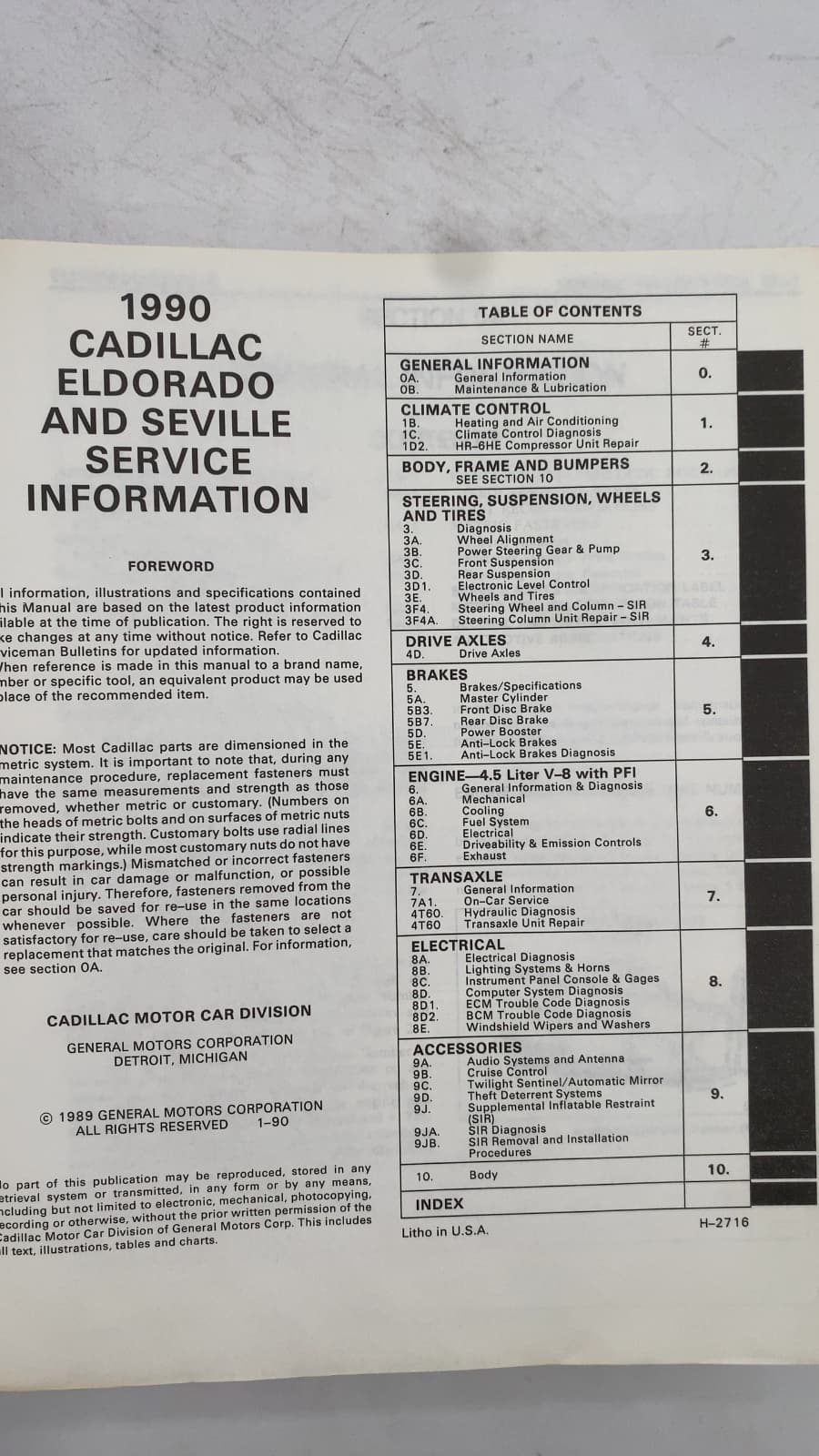 1990 Cadillac Eldorado and Seville Service Information by Cadillac Motor Car Division - title page