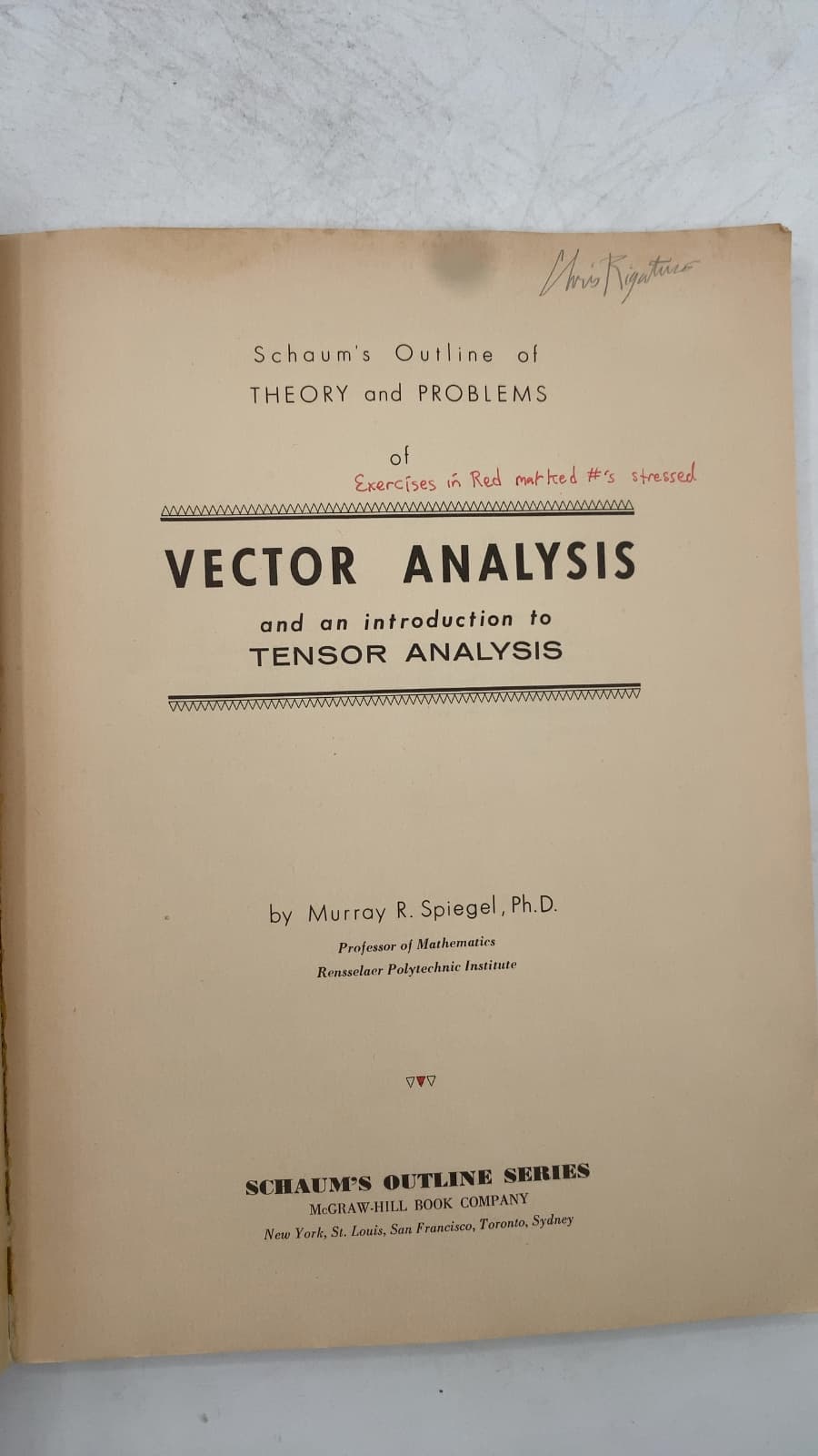 Schaum's Outline of Theory and Problems of Vector Analysis and an Introduction to Tensor Analysis by Murray R. Spiegel, Ph.D. - title page