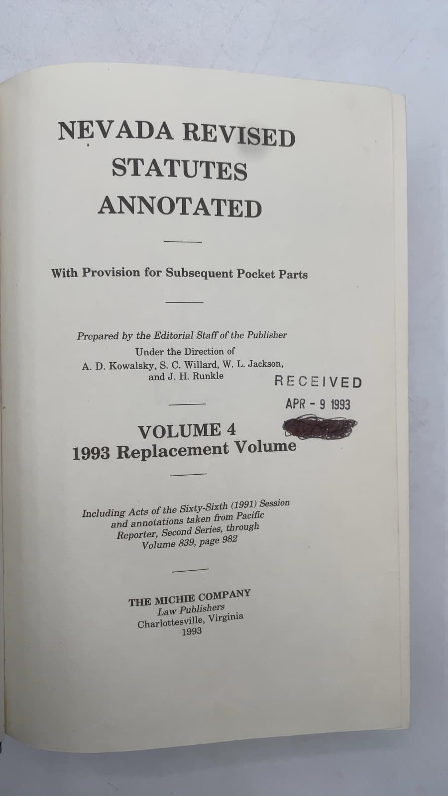 Nevada Revised Statutes Annotated, Volume 4, 1993 Replacement Volume by Prepared by the Editorial Staff of the Publisher - title page