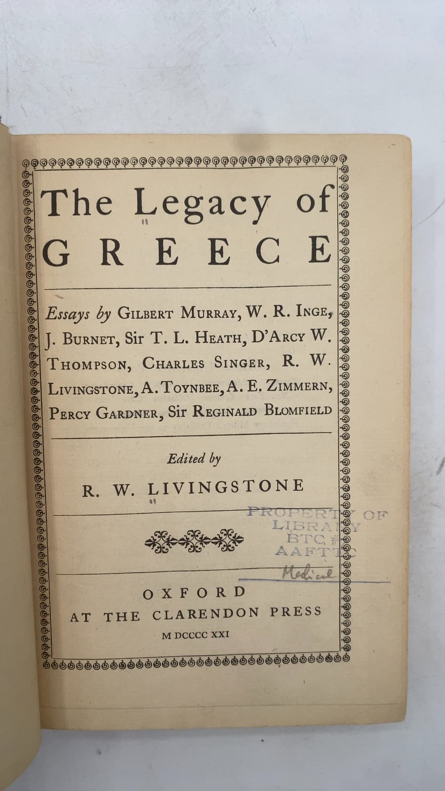 The Legacy of Greece by R. W. Livingstone (Editor) - title page
