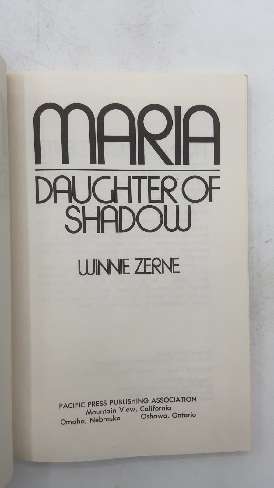 Maria Daughter OF Shadow by Winnie Zerne - title page