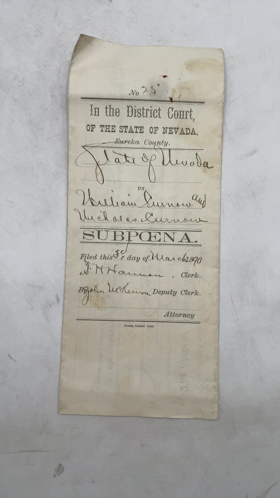 District Court Subpoena: State of Nevada vs. William Curnow and Nicholas Curnow - front cover