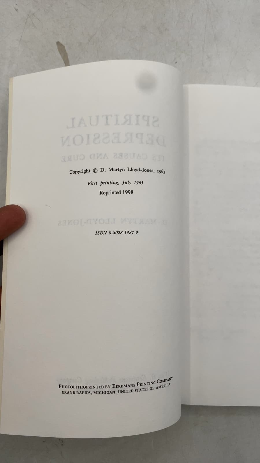Spiritual Depression: Its Causes and Its Cure by D. Martyn Lloyd-Jones - copyright page showing 1998 details