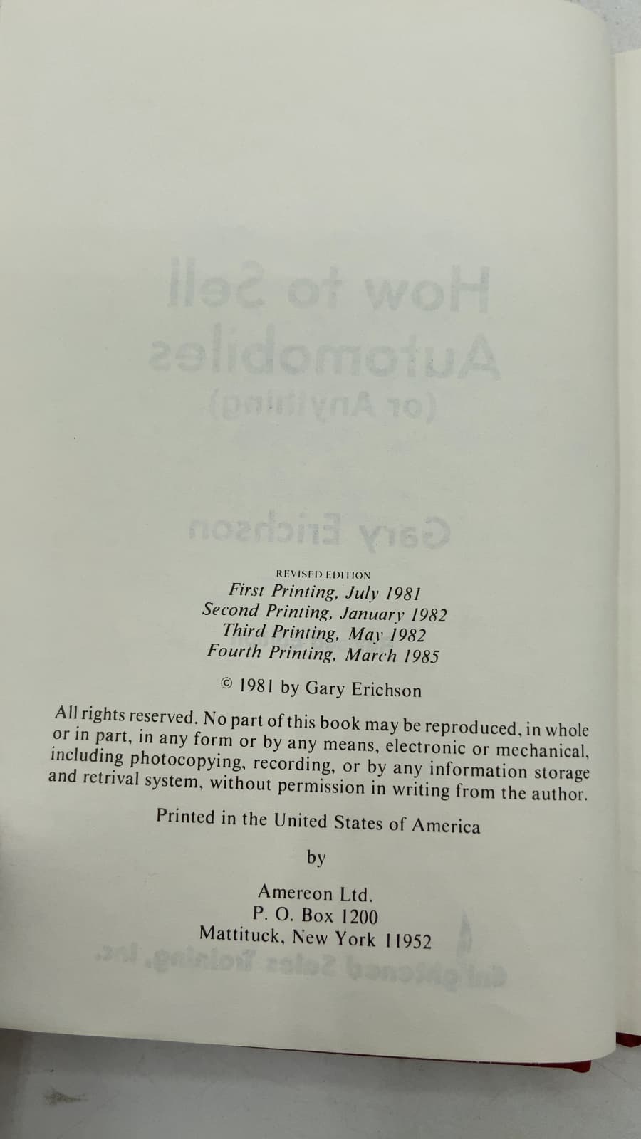 How to Sell Automobiles (or Anything) by Gary Erichson - copyright page showing 1985 details