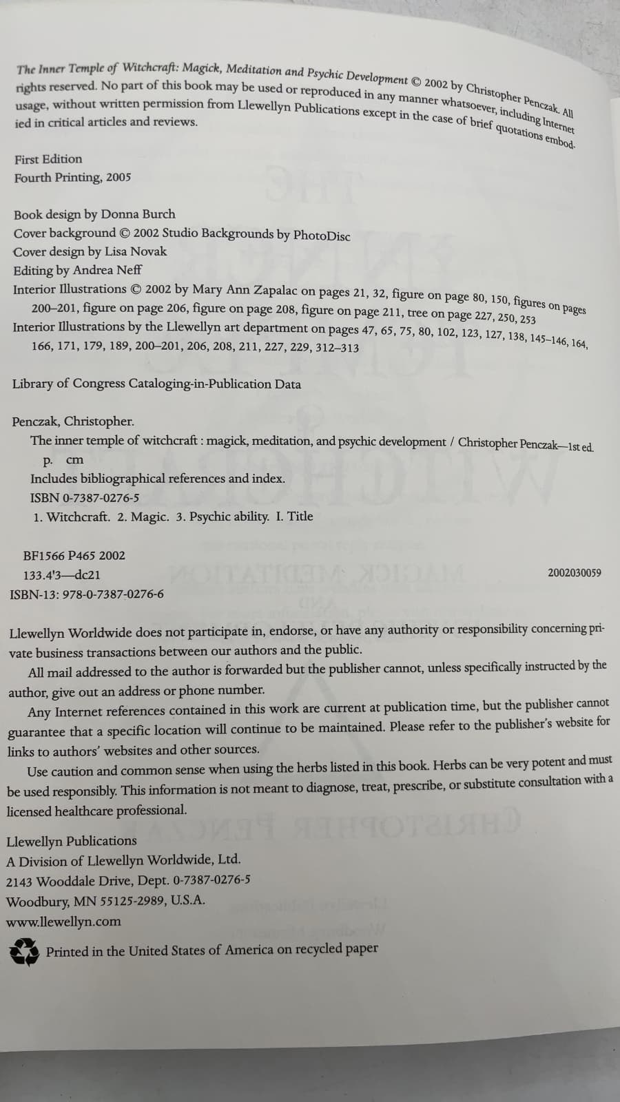 The Inner Temple of Witchcraft: Magick, Meditation and Psychic Development by Christopher Penczak - copyright page showing 2002 details